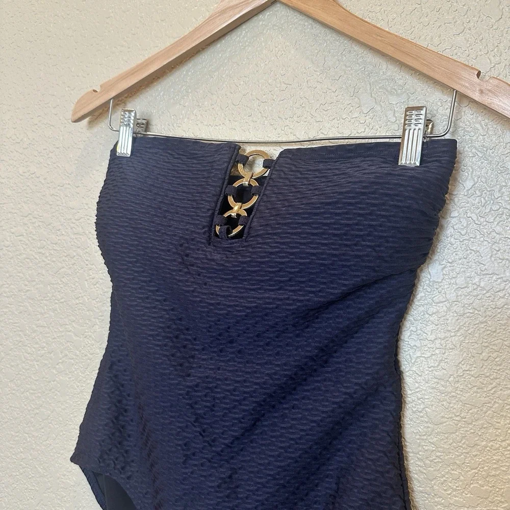 Michael Kors Straplessone Piece Swimsuit Navy Blue Size 8 Gold Circles Textured